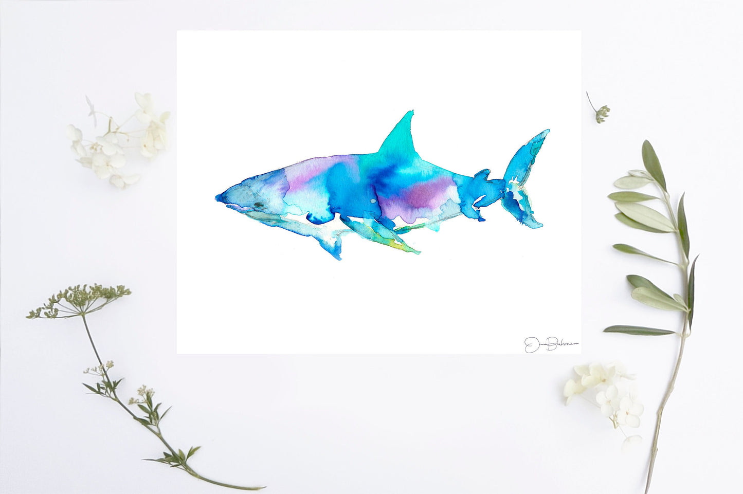 Shark Print Instant Download, "Great White" by Jess Buhman, Printable 10" x 8" watercolor art, Digital Shark Print