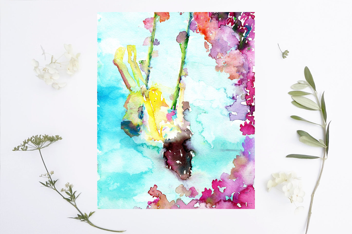 Watercolor Portrait Instant Download, "Swing Life Away" by Jess Buhman, Digital File, 8" x 10" Print of Girl Swinging Garden Abstract Art