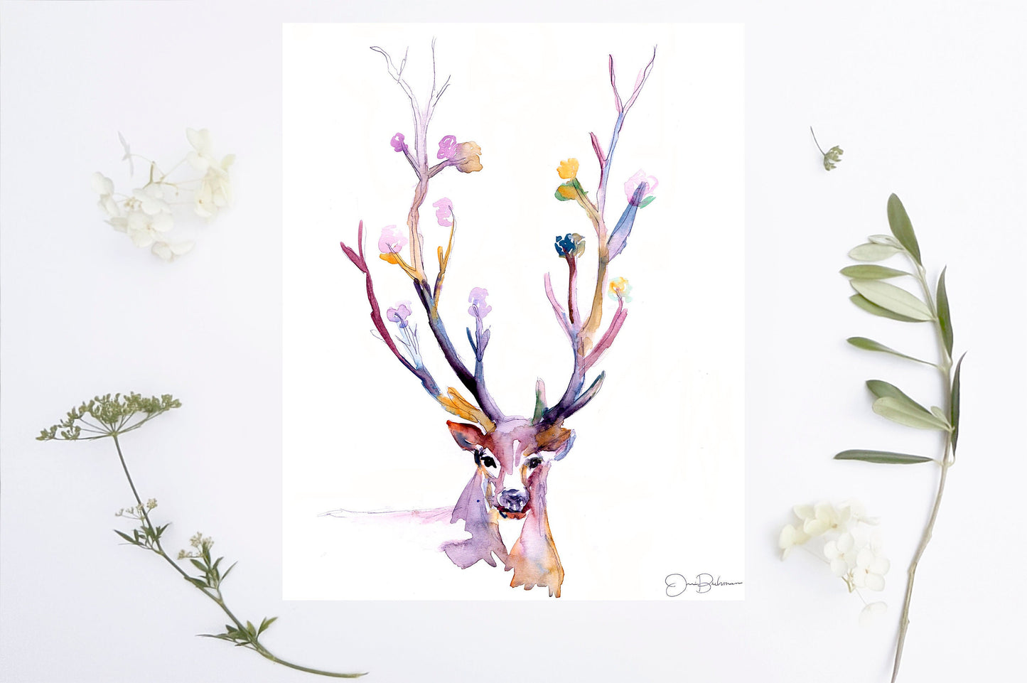 Buck Watercolor Painting Print, Deer Watercolor Painting, Flowers Watercolor, Antlers Painting, Nursery Art, Nursery Watercolor, Deer Art