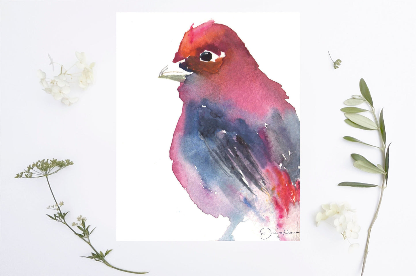 Watercolor Bird Print| "Stella the Stunner" by Jess Buhman, Multijple Sizes, Select Your Size, Scarlet Tanager Bird Art, Abstract Bird Art