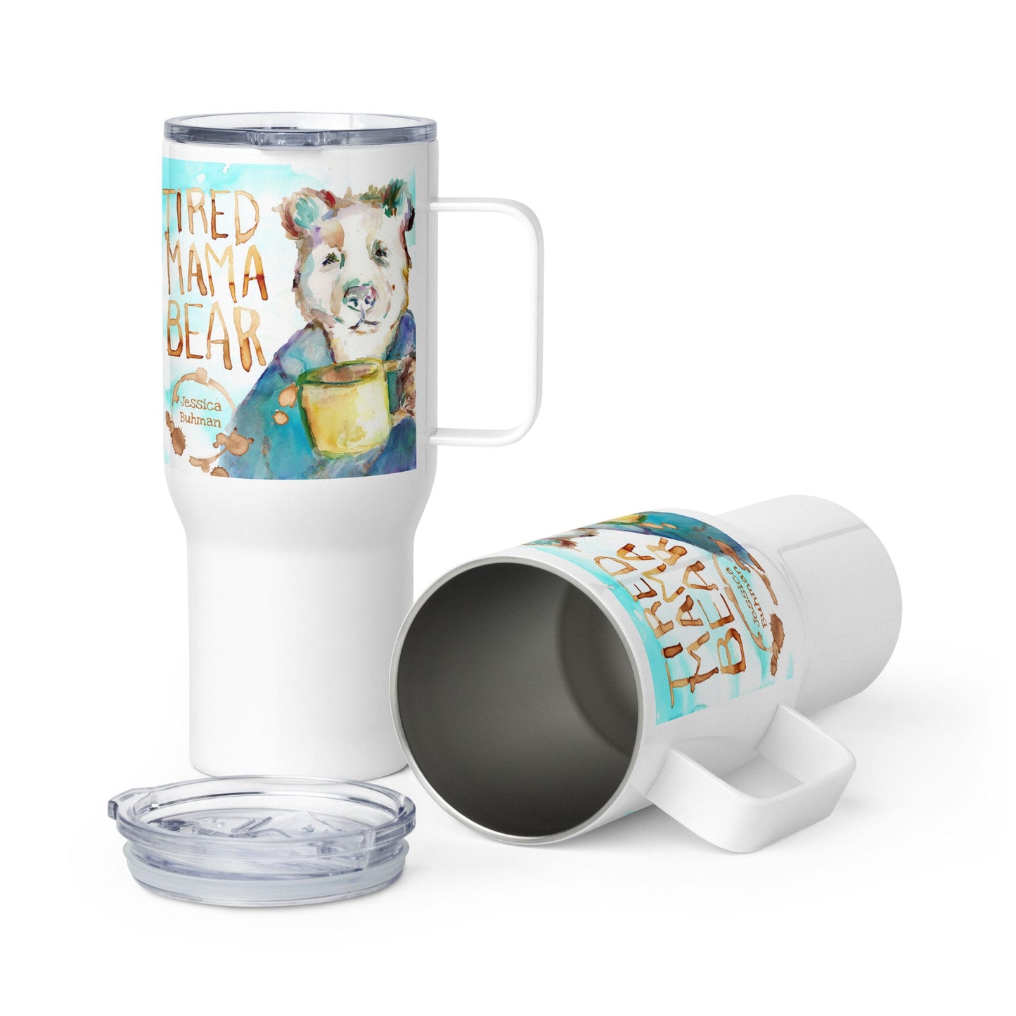Tired Mama Bear Travel Mug with artwork by Jess BUhman