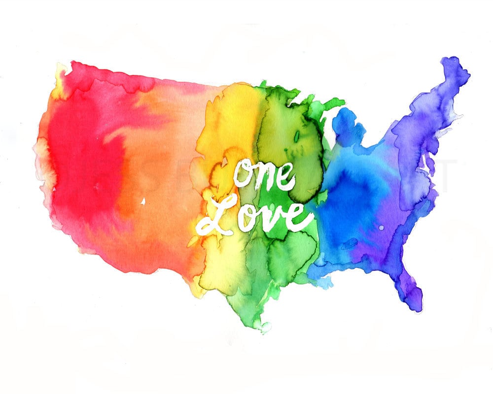 Watercolor Gay Pride Print, "One Love" by Jess Buhman, Rainbow Map, Celebrate Love, 8 x 10 Print