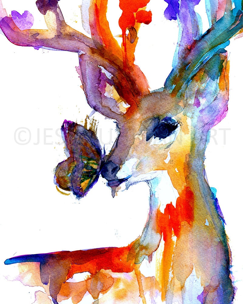 Deer Watercolor Painting Print | "Butterfly Kisses" by Jess Buhman, Select Your Size, Deer Painting, Painting of Deer, Nursery Art
