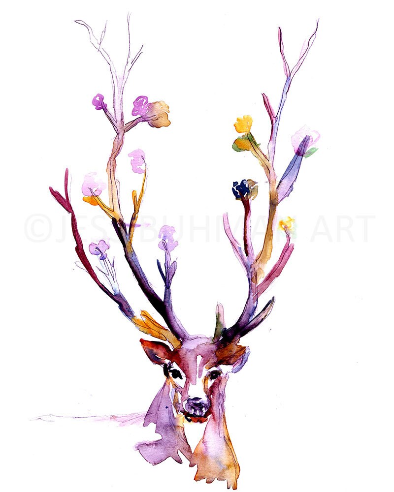 Buck Watercolor Painting Print, Deer Watercolor Painting, Flowers Watercolor, Antlers Painting, Nursery Art, Nursery Watercolor, Deer Art