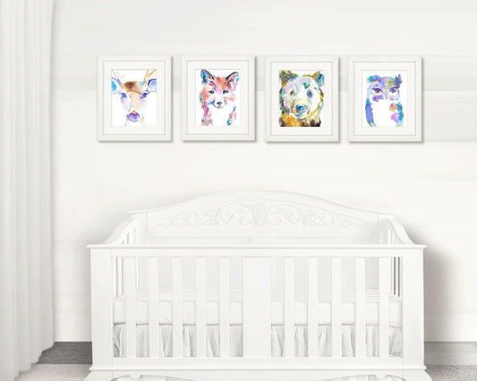 Blue Woodland Set of 4 Watercolor Prints, Nursery Art, Watercolor Nursery Prints, Animal Paintings, Animal Art, Print Set, Woodland Animals