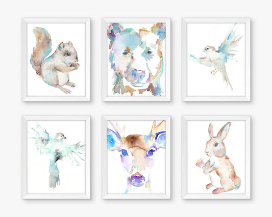 Airy Woodland Set of 6 Watercolor Prints, Nursery Art, Watercolor Nursery Prints, Animal Paintings, Animal Art, Print Set, Forest Animals