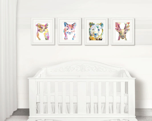 Pink Woodland Set of 4 Watercolor Prints, Nursery Art, Watercolor Nursery Prints, Animal Paintings, Animal Art, Print Set, Woodland Animals