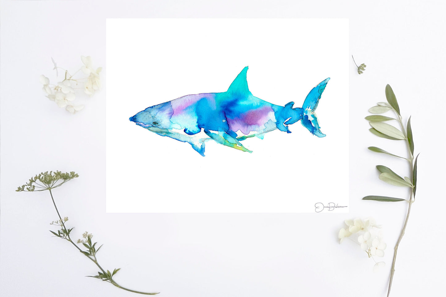 Shark Watercolor Print | "Great White" by Jess Buhman, Shark Painting, Shark Print Ocean Art, Ocean Animal Art, Nursery Art, Ocean Painting