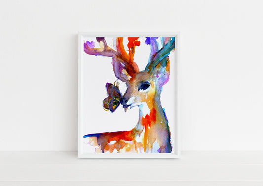 Deer Watercolor Print | "Butterfly Kisses" by Jess Buhman, Multiple Sizes, Select Your Size, Holiday Print, Buck Painting, Woodland Art