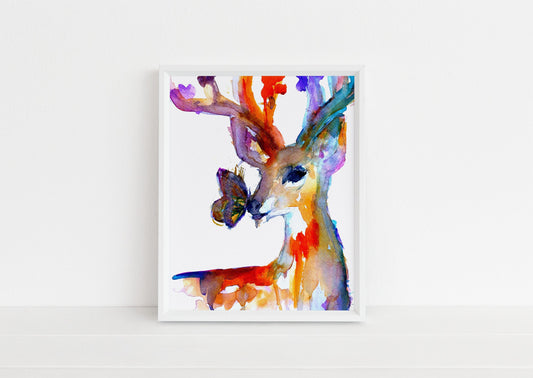 Deer Watercolor Painting Print | "Butterfly Kisses" by Jess Buhman, Select Your Size, Deer Painting, Painting of Deer,  Nursery Art