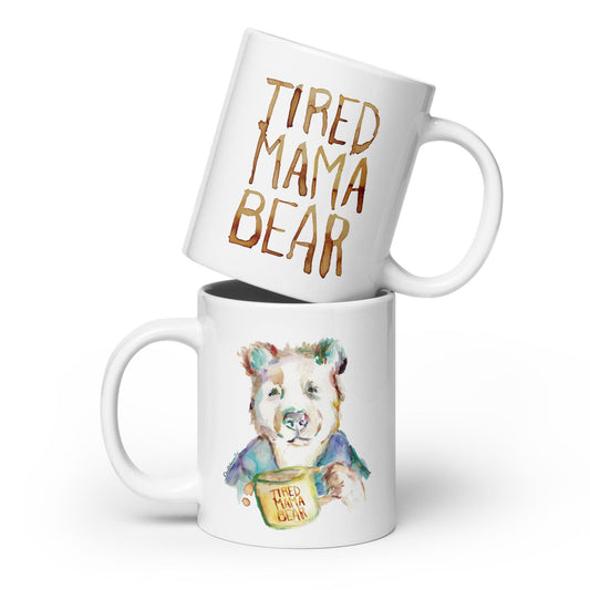 Tired Mama Bear White glossy mug with Artwork by Jess Buhman